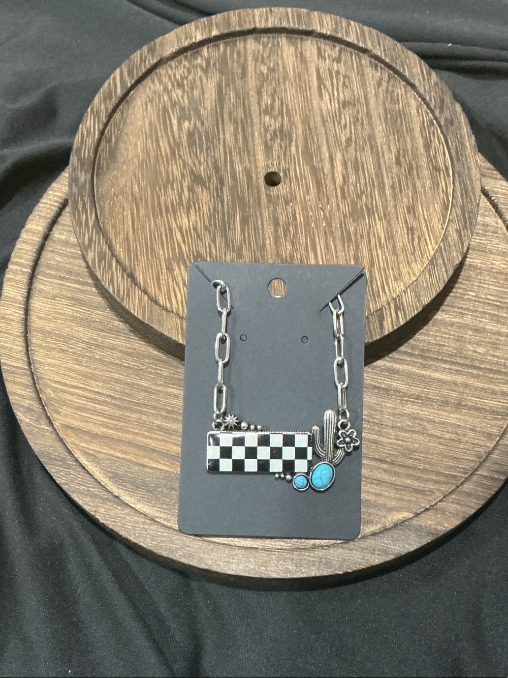 Silver-Tone Checkerboard Necklace with Turquoise Accents